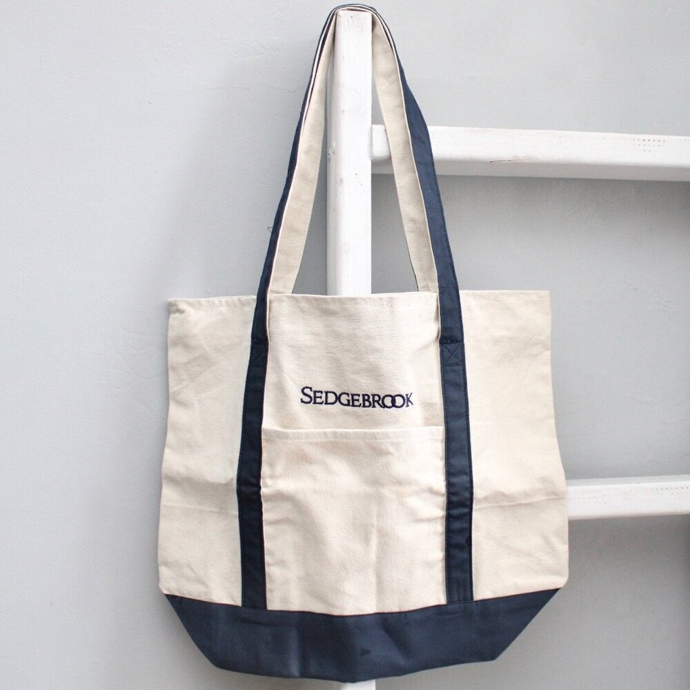 Sedgebrook Embroidered Vitronic Canvas Large Cream & Navy Blue Zip-Up Tote Bag